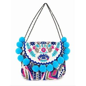 Paper Source Turquoise Pink Embroidered Pom Pom Crossbody Shoulder Clutch Bag